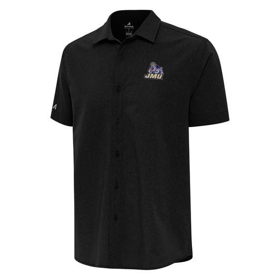 Men's Antigua Black James Madison Dukes Activate Woven Short Sleeve Button-Up Shirt