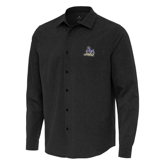 Men's Antigua Black James Madison Dukes Exposure Woven Long Sleeve Full-Button Shirt