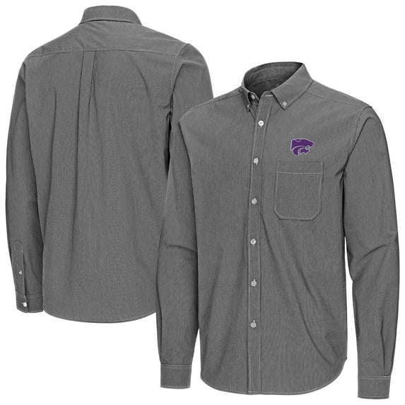 Men's Antigua Black Kansas State Wildcats Porter Woven Tri-Blend Long Sleeve Button-Down Shirt