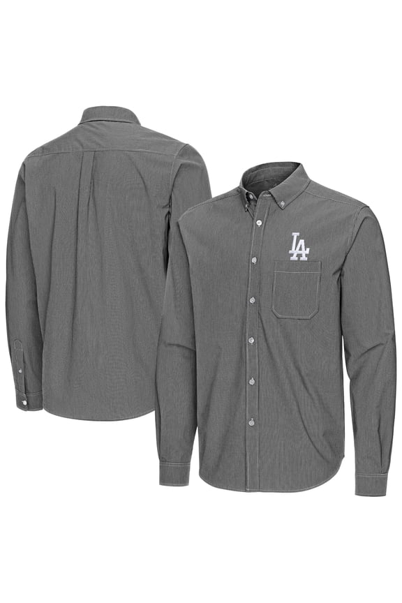 Men's Antigua Black Los Angeles Dodgers Porter Woven Long Sleeve Button-Down Shirt