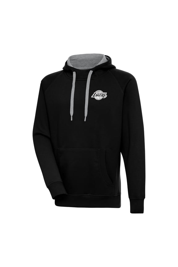 Men's Antigua Black Los Angeles Lakers Metallic Logo Victory Raglan Pullover Hoodie