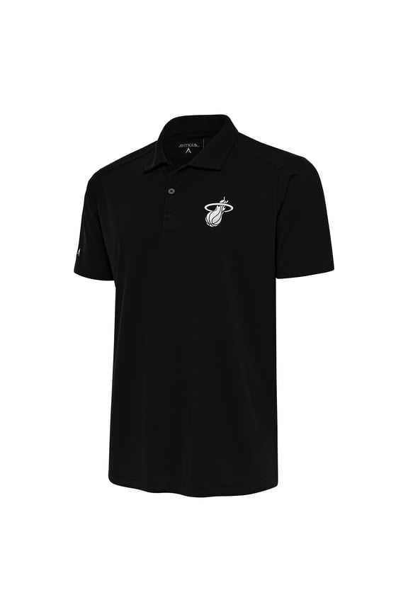 Men's Antigua Black Miami Heat Metallic Logo Tribute Desert Dry Polo