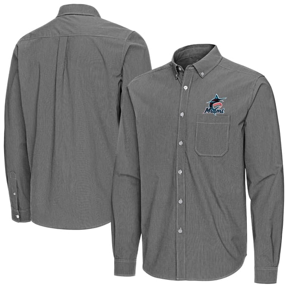 Men's Antigua Black Miami Marlins Porter Woven Long Sleeve Button-Down Shirt