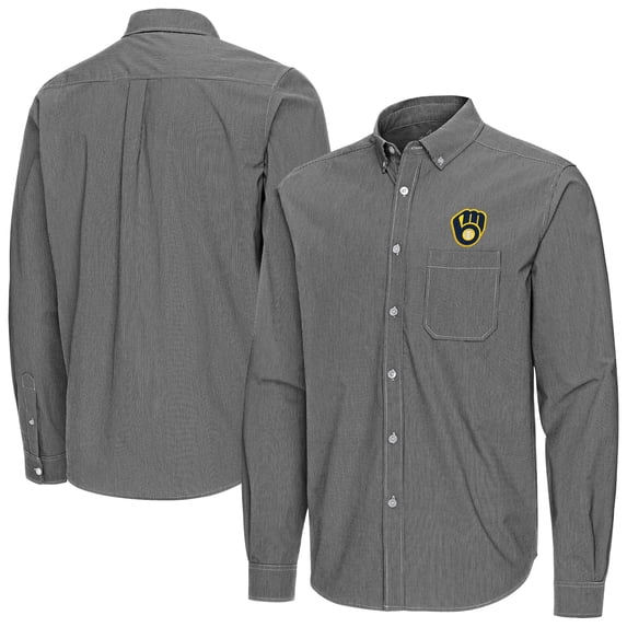 Men's Antigua Black Milwaukee Brewers Porter Woven Long Sleeve Button-Down Shirt