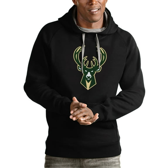 Men's Antigua Black Milwaukee Bucks Team Logo Victory Pullover Hoodie