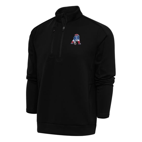 Men's Antigua Black New England Patriots Team Logo Throwback Generation Quarter-Zip Pullover Top