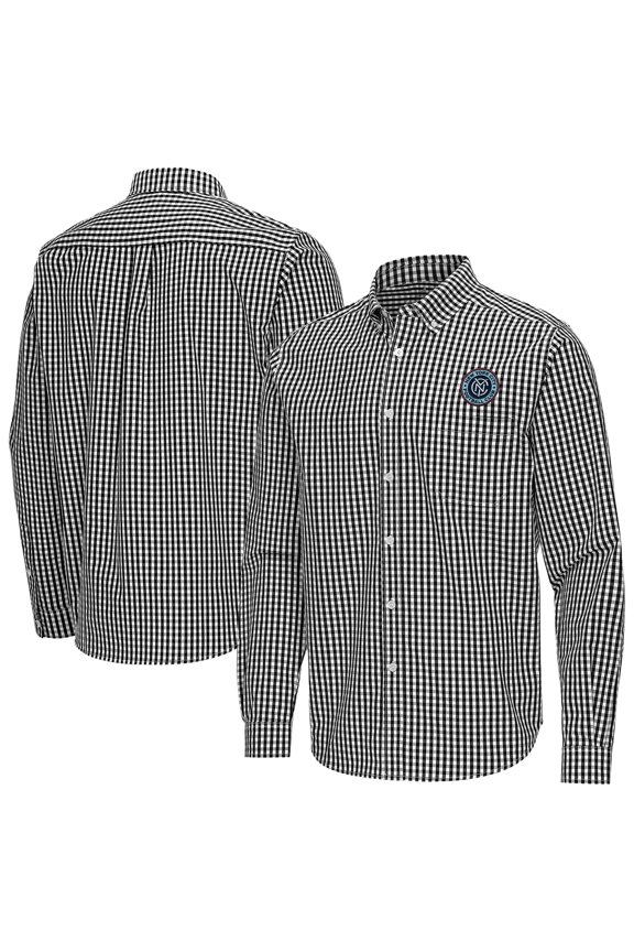 Men's Antigua Black New York City FC Ellis Tri-Blend Long Sleeve Button-Down Shirt