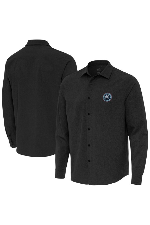 Men's-Antigua Black New York City FC Exposure Woven Long Sleeve Button-Up Shirt
