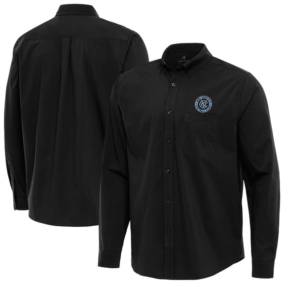 Men's-Antigua Black New York City FC Flight Tri-Blend Woven Long Sleeve Button-Down Shirt