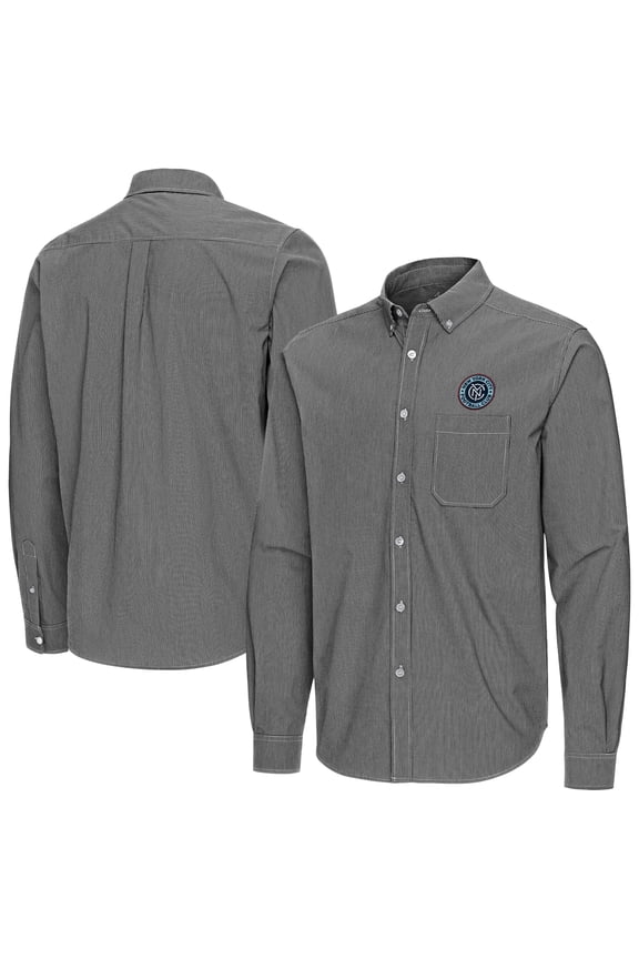 Men's Antigua Black New York City FC Porter Woven Tri-Blend Long Sleeve Button-Down Shirt
