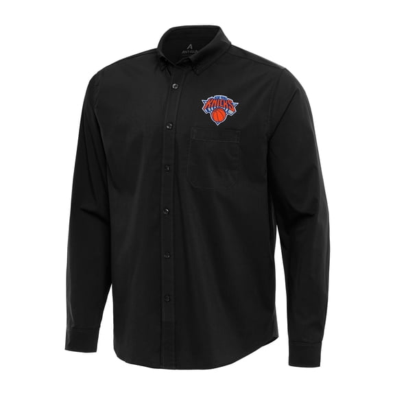 Men's Antigua Black New York Knicks Flight Woven Tri-Blend Long Sleeve Button-Down Shirt