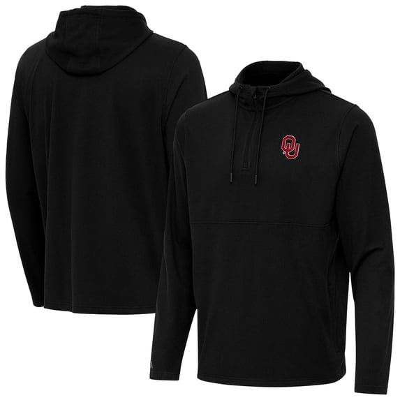 Men's Antigua Black Oklahoma Sooners Connected Quarter-Zip Waffle-Knit Tri-Blend Hoodie