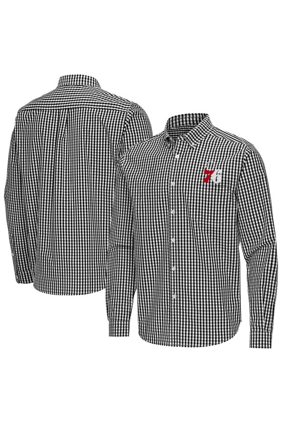Men's Antigua Black Philadelphia 76ers Ellis Woven Tri-Blend Button-Down Shirt
