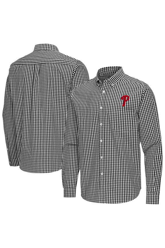 Men's Antigua Black Philadelphia Phillies Ellis Woven Tri-Blend Button-Down Shirt