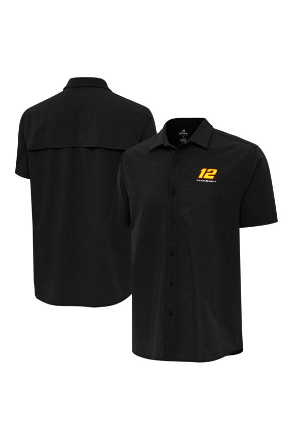 Men's-Antigua Black Ryan Blaney Activate Woven Short Sleeve Button-Up Shirt