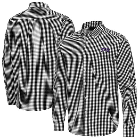Men's Antigua Black TCU Horned Frogs Ellis Woven Tri-Blend Long Sleeve Button-Down Shirt