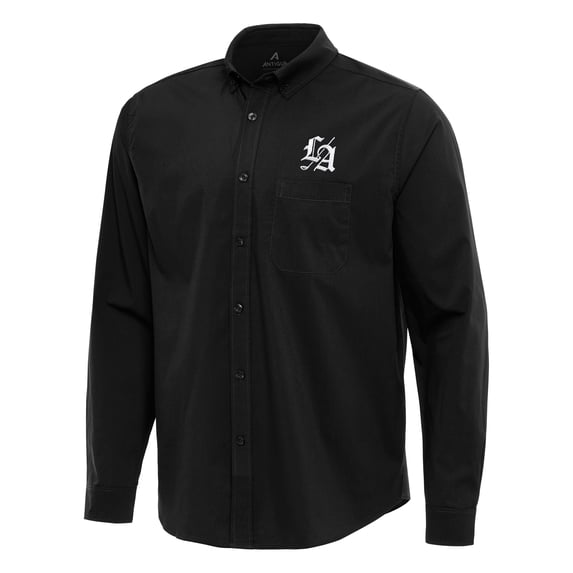Men's Antigua Black TGL Los Angeles Golf Club Flight Woven Tri-Blend Long Sleeve Button-Down Shirt