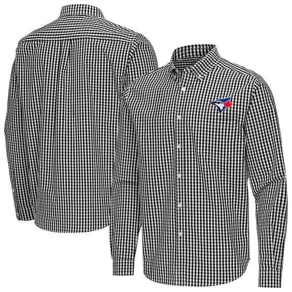 Men's Antigua Black Toronto Blue Jays Ellis Woven Tri-Blend Button-Down Shirt