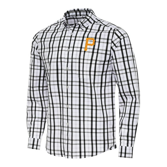 Men's Antigua Black/White Pittsburgh Pirates Tending Woven Tri-Blend Long Sleeve Button-Down Shirt