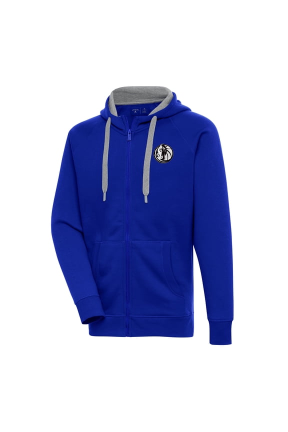 Men's Antigua Blue Dallas Mavericks Metallic Logo Victory Raglan Full-Zip Hoodie
