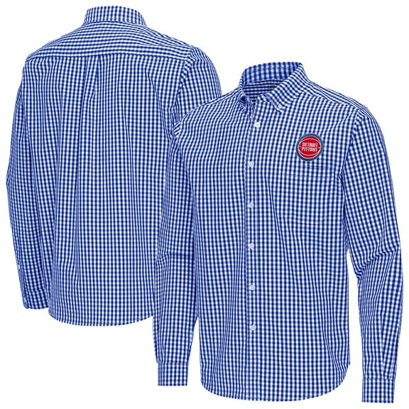 Men's Antigua Blue Detroit Pistons Ellis Woven Tri-Blend Button-Down Shirt