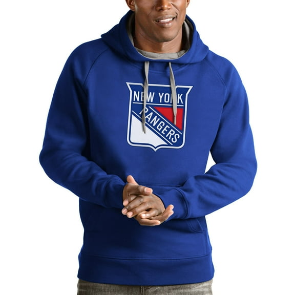 Men's Antigua Blue New York Rangers Logo Victory Pullover Hoodie