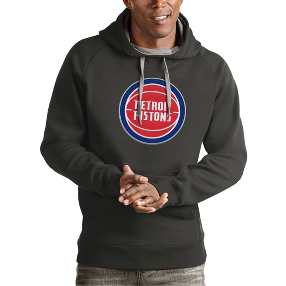 Men's Antigua Charcoal Detroit Pistons Team Logo Victory Pullover Hoodie
