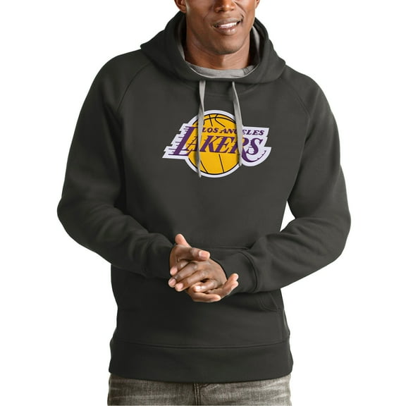 Men's Antigua Charcoal Los Angeles Lakers Team Logo Victory Pullover Hoodie