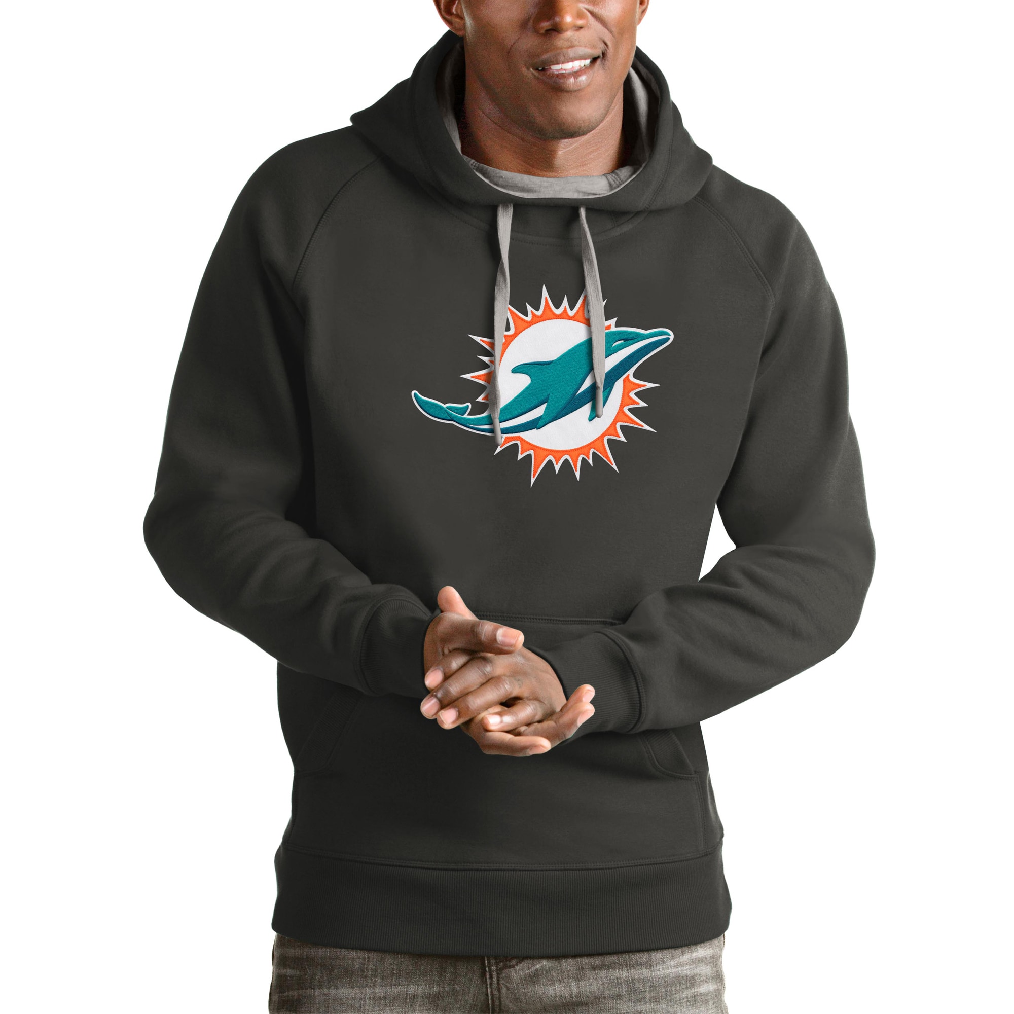 Men's Antigua Charcoal Miami Dolphins Victory Pullover Hoodie - image 1 of 1