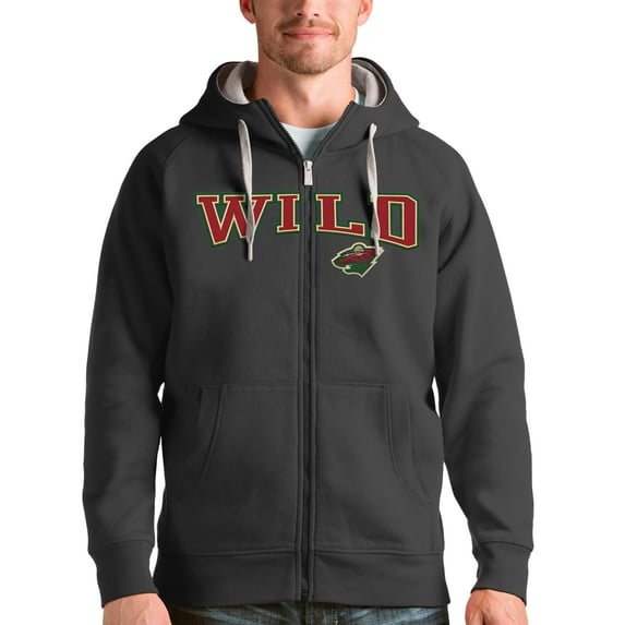 Men's Antigua Charcoal Minnesota Wild Wordmark Victory Full-Zip Hoodie