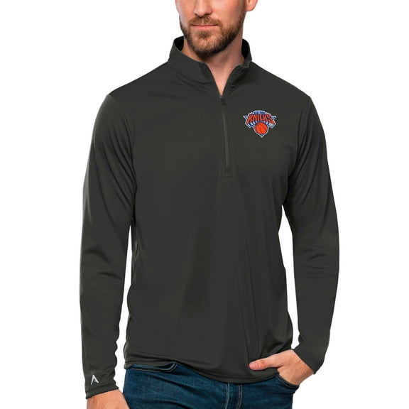 Men's Antigua Charcoal New York Knicks Tribute Quarter-Zip Pullover Top