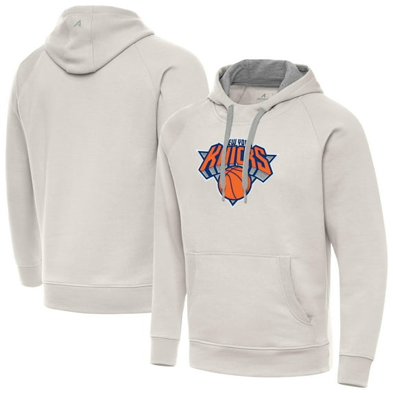 Men's Antigua Cream New York Knicks Big Logo Victory Pullover Hoodie