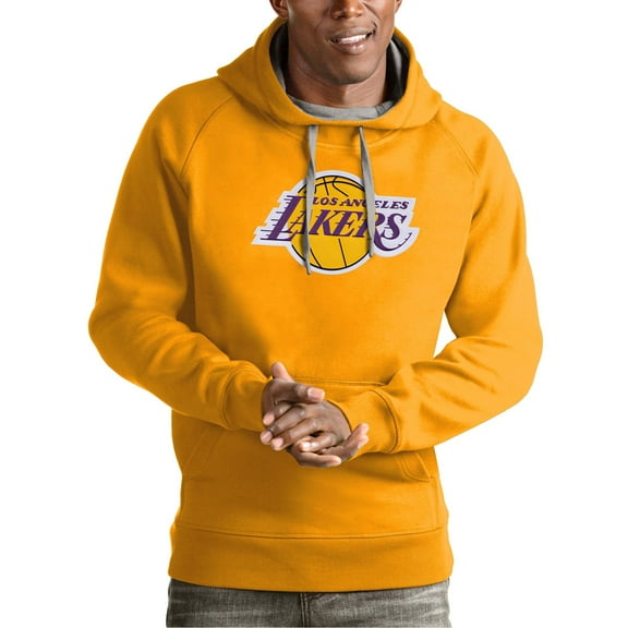 Men's Antigua Gold Los Angeles Lakers Team Logo Victory Pullover Hoodie