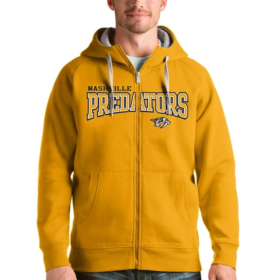 Men's Antigua Gold Nashville Predators Wordmark Victory Full-Zip Hoodie