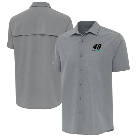Men's-Antigua Gray Alex Bowman Activate Woven Short Sleeve Button-Up Shirt