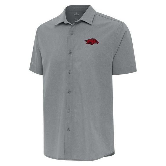 Men's Antigua Gray Arkansas Razorbacks Activate Woven Short Sleeve Button-Up Shirt