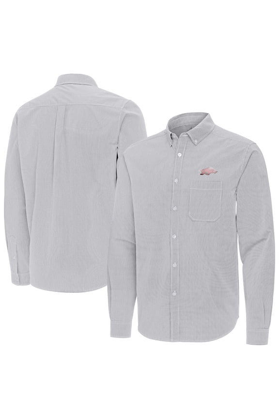 Men's Antigua Gray Arkansas Razorbacks Porter Woven Tri-Blend Long Sleeve Button-Down Shirt