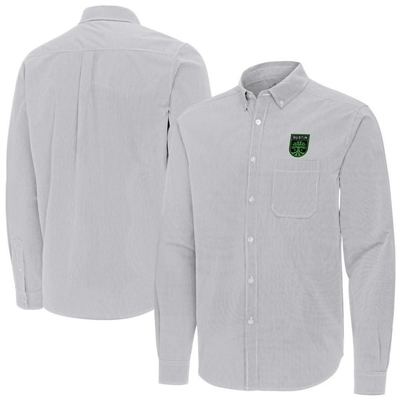 Men's Antigua Gray Austin FC Porter Woven Tri-Blend Long Sleeve Button-Down Shirt