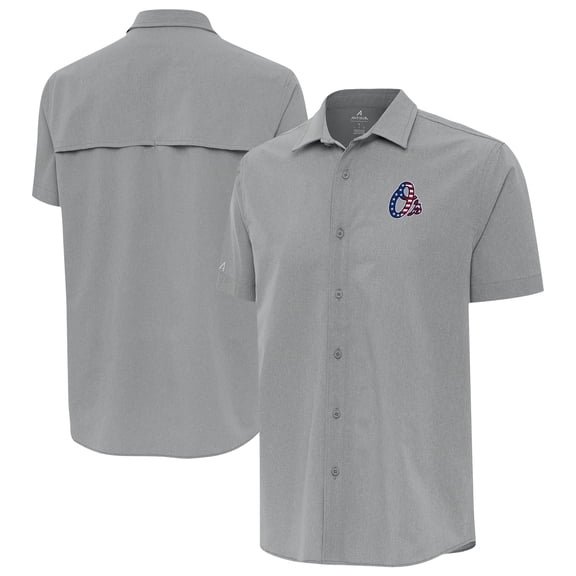Men's Antigua Gray Baltimore Orioles Activate Stars and Stripes Team Logo Short Sleeve Button-Up Shirt
