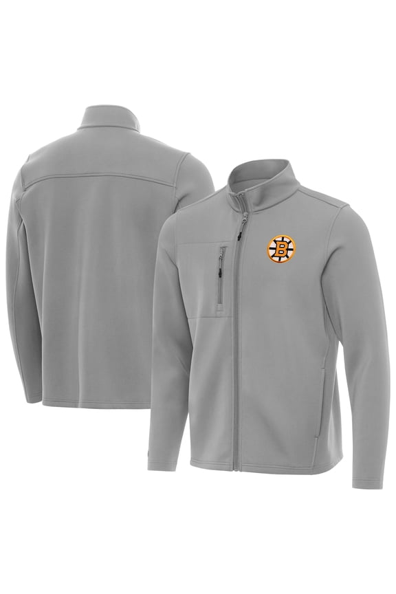 Men's Antigua Gray Boston Bruins Objection Double-Brushed Full-Zip Jacket