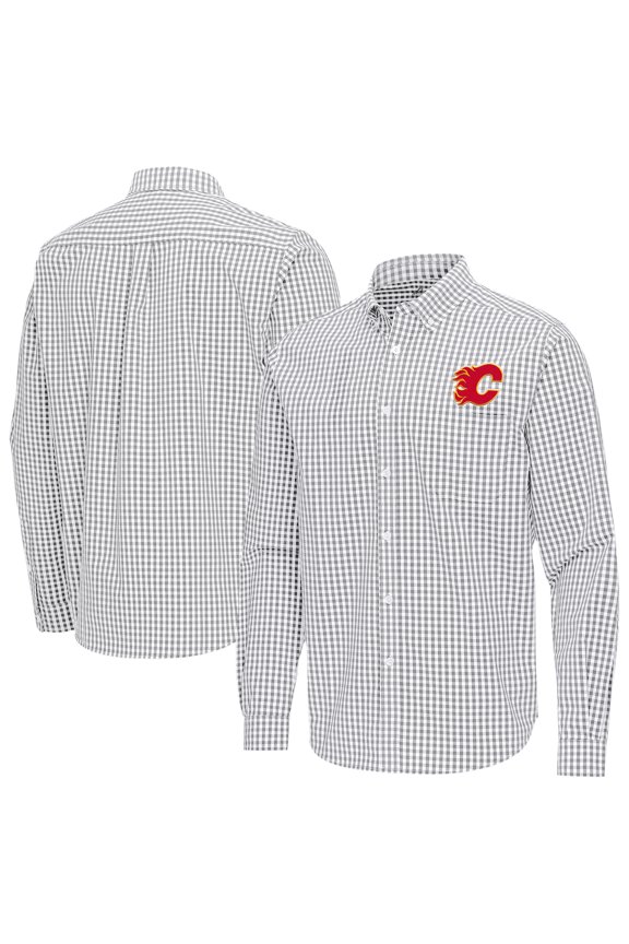 Men's Antigua Gray Calgary Flames Ellis Tri-Blend Long Sleeve Button-Down Shirt