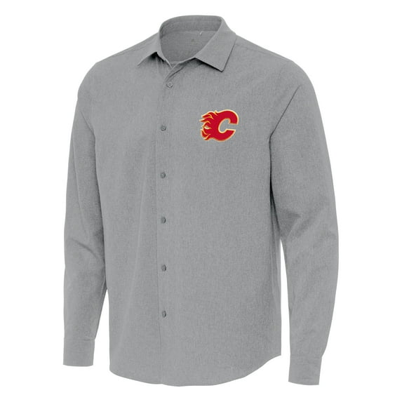 Men's Antigua Gray Calgary Flames Exposure Woven Long Sleeve Button-Up Shirt
