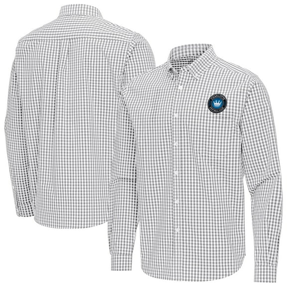 Men's Antigua Gray Charlotte FC Ellis Tri-Blend Long Sleeve Button-Down Shirt