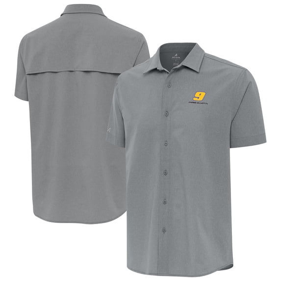 Men's-Antigua Gray Chase Elliott Activate Woven Short Sleeve Button-Up Shirt