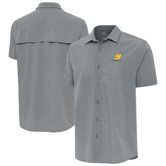 Men's-Antigua  Gray Chase Elliott Activate Woven Short Sleeve Button-Up Shirt
