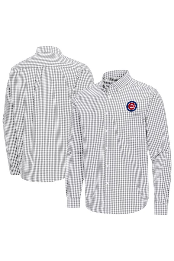 Men's Antigua Gray Chicago Cubs Ellis Woven Tri-Blend Button-Down Shirt