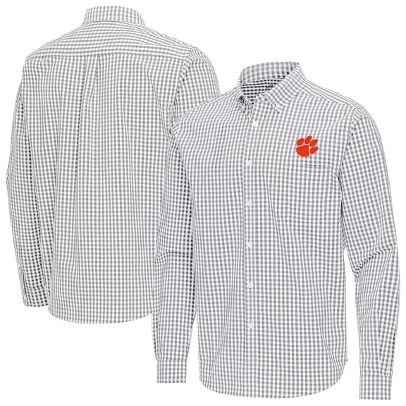Men's Antigua Gray Clemson Tigers Ellis Woven Tri-Blend Long Sleeve Button-Down Shirt