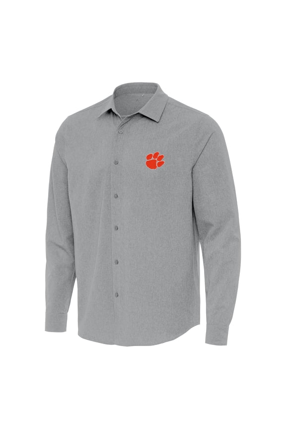 Men's Antigua Gray Clemson Tigers Exposure Woven Long Sleeve Button-Up Shirt