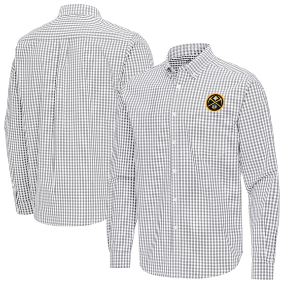 Men's Antigua Gray Denver Nuggets Ellis Woven Tri-Blend Button-Down Shirt