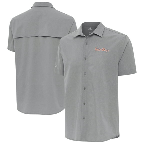 Men's Antigua Gray Florida Gators GatorBoys Activate Woven Short Sleeve Button-Up Shirt